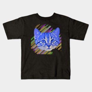 Blue Kitty Face Colorful Stripes Kids T-Shirt